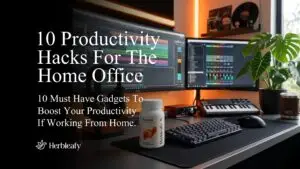 A picture of a productive home office with a bottle of Neuroaid focus supplement