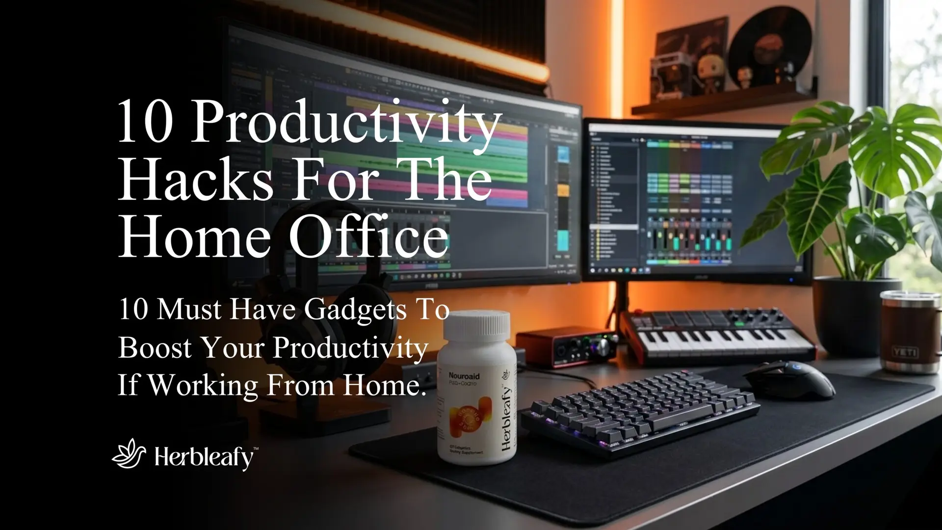 A picture of a productive home office with a bottle of Neuroaid focus supplement