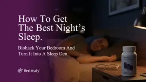 a bottle of Herbleafy's Neuro Aid PM sleep supplement on a bedside cabinet with a owmen in bed getting better sleep.